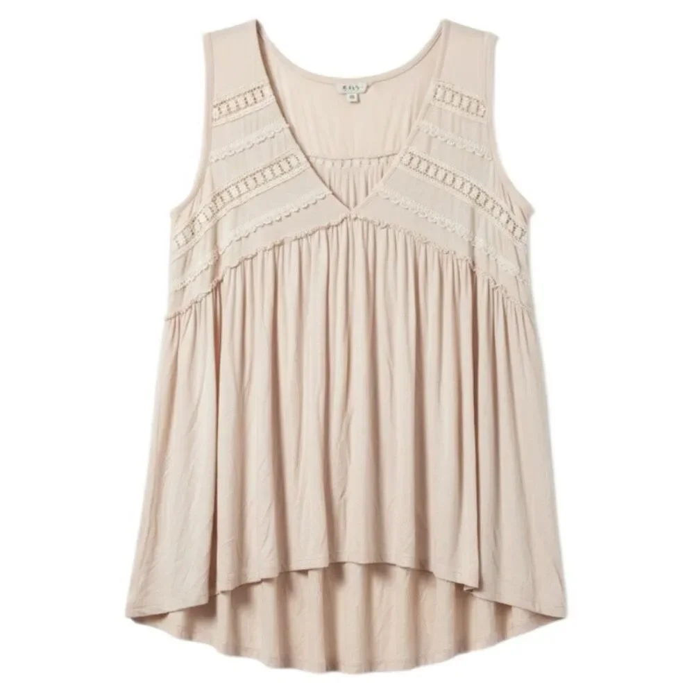 POL Tank Beige Lace Trim Boho Babydoll Sleeveless Top Ruffle Raw Edge Detail NEW - Picture 11 of 13